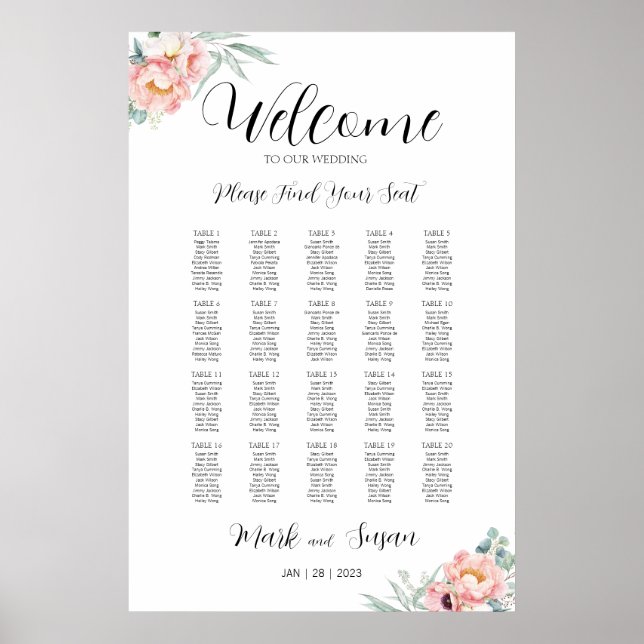 Póster Gráfica de bienvenida del Boda Eucalyptus Peonies (Frente)