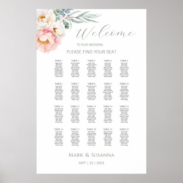 Póster Gráfica de bienvenida del Boda Eucalyptus Peonies (Frente)
