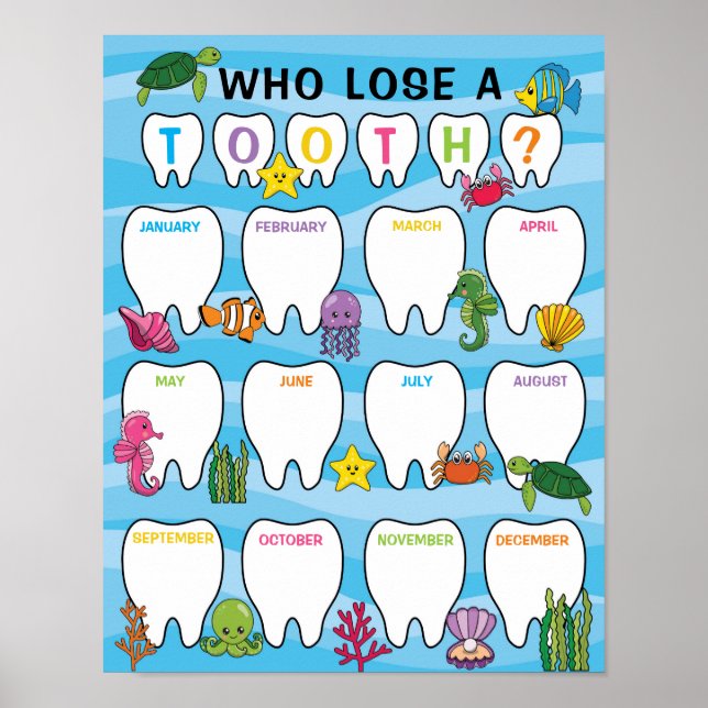 Póster Gráfica de dientes en aula bajo el tema del mar (Frente)