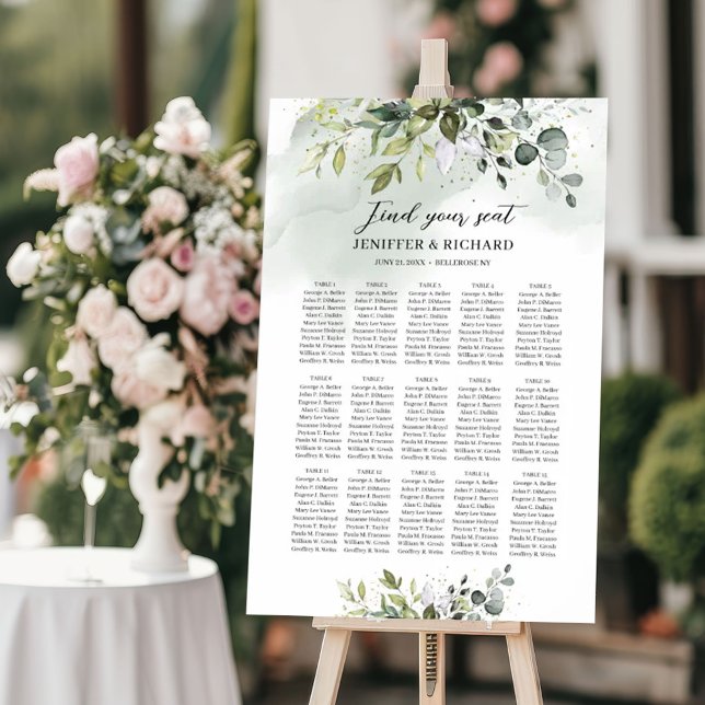 Póster Gráfica de sentados vegetal de boho eucalyptus (Greenery boho eucalyptus foliage seating chart)