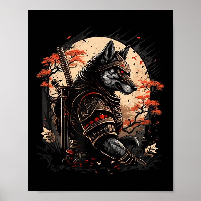 Póster Gráfica De Tatuaje Japonés De Perro Samurai Para H (Frente)