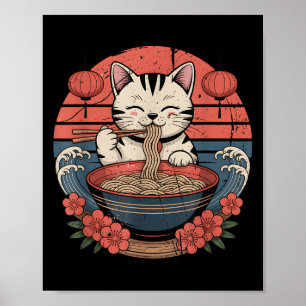 Póster Gráfica divertida de fideos gatos Tee japonés Kawa
