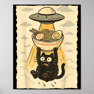 Póster Gráfica Divertida de Gato Negro Ovni Ramen Abducci
