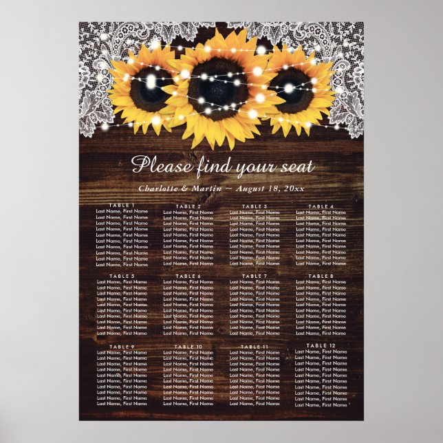 Póster Gráfico 12 de asientos de Boda de girasol de mader (Frente)