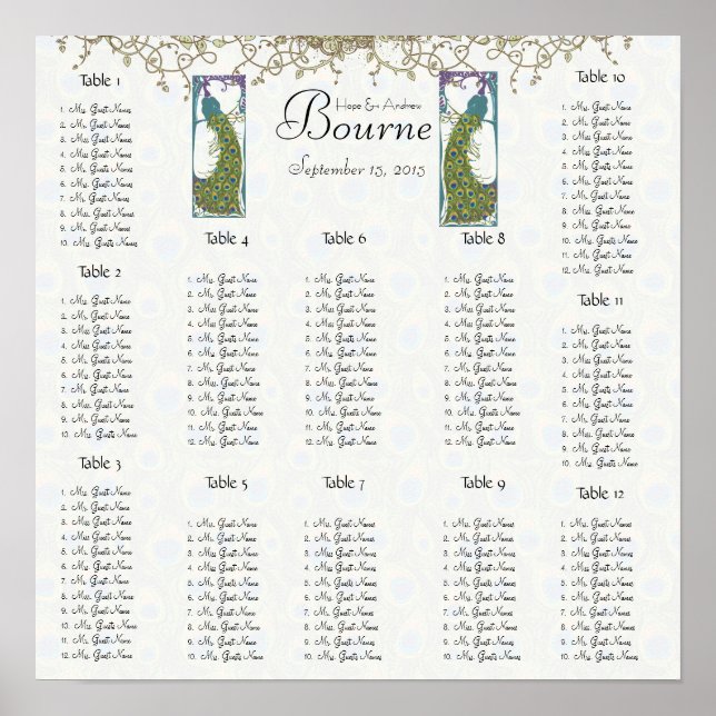 Póster Gráfico 12 Tablas de la tabla de asientos de pavo  (Frente)