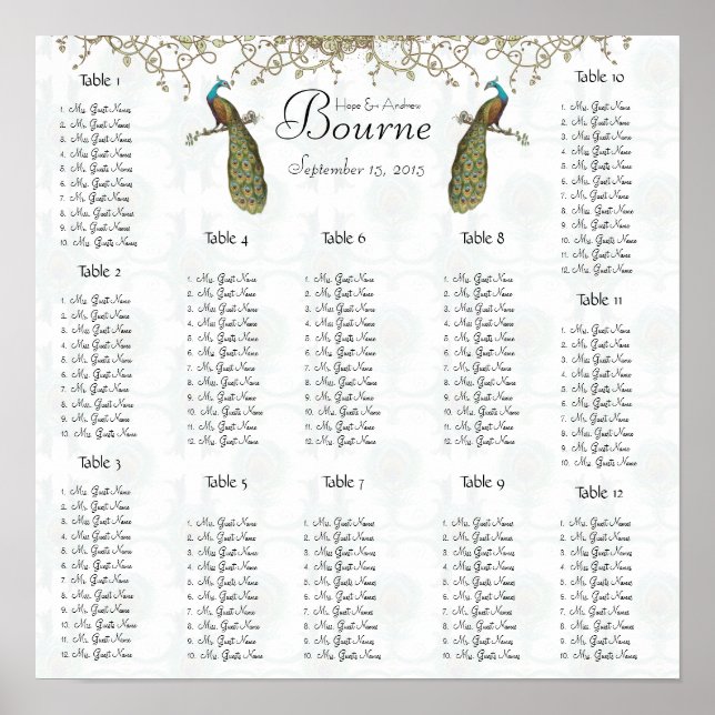 Póster Gráfico 12 Tablas de la tabla de asientos de pavo  (Frente)