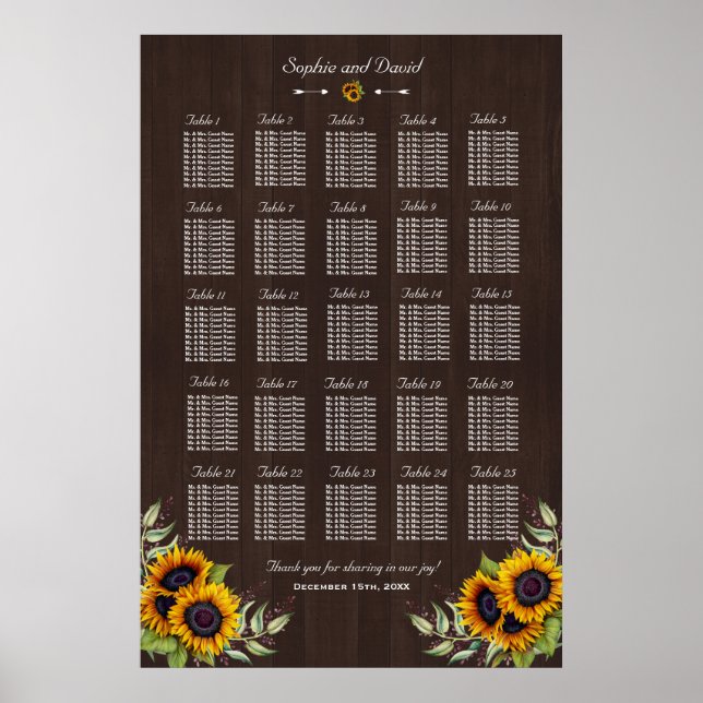 Póster Gráfico 250 de los asientos de girasoles de madera (Frente)