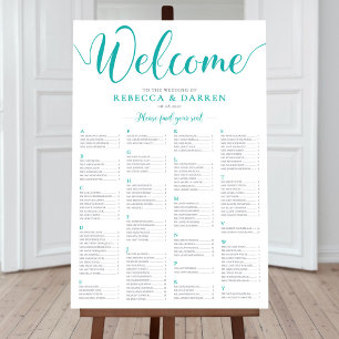 Póster Gráfico alfabético de asientos Boda turquesa