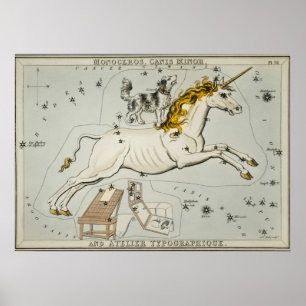 Póster Gráfico astronómico de unicornio vintage
