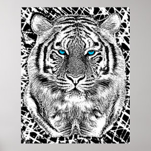Póster Gráfico blanco y negro del tigre de los ojos