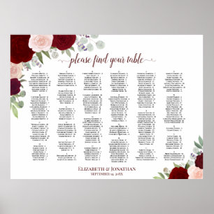 Póster Gráfico de Asientos Alfabetico Boho Rosas Rojo y R