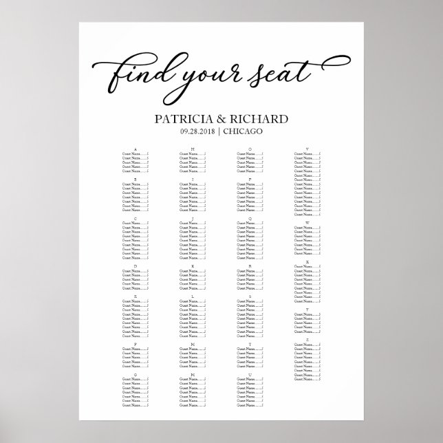 Póster Gráfico de Asientos Alfabetico Chic Negro Script (Frente)