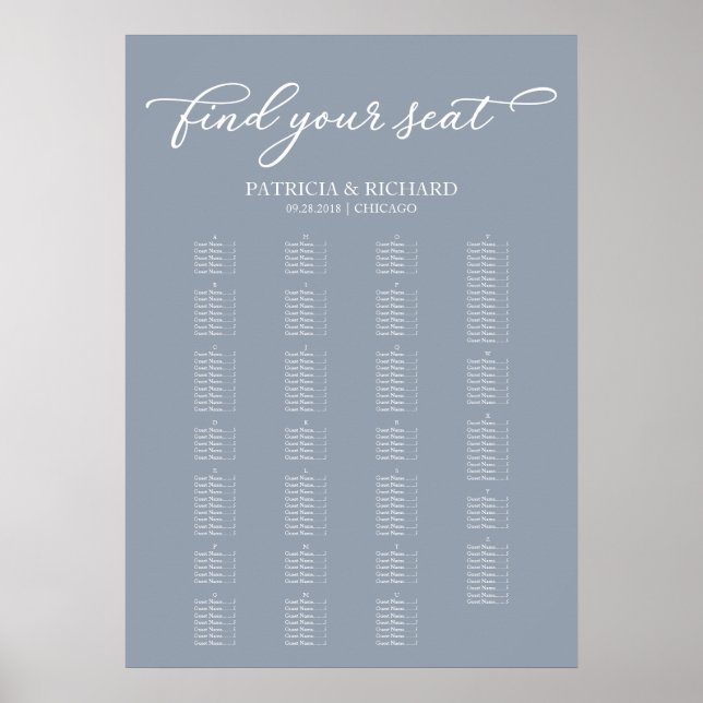 Póster Gráfico de asientos alfabético Elegante azul turbi (Frente)