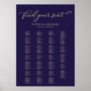 Póster Gráfico de Asientos Alfabetico Elegante Dorado Azu
