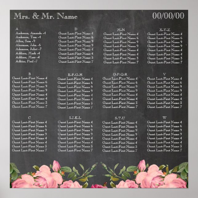 Póster Gráfico de asientos alfabéticos (Frente)