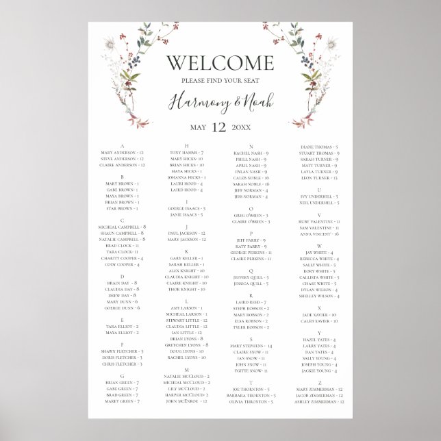 Póster Gráfico de asientos alfabéticos botánicos blancos  (Frente)