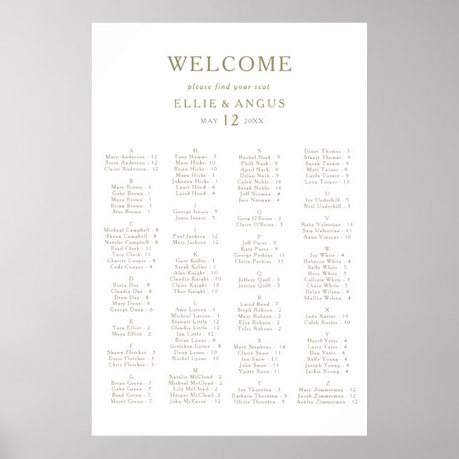 Póster Gráfico de asientos alfabéticos de arena dorada (Frente)