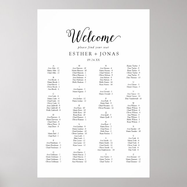 Póster Gráfico de asientos alfabéticos de guión antiguo (Frente)