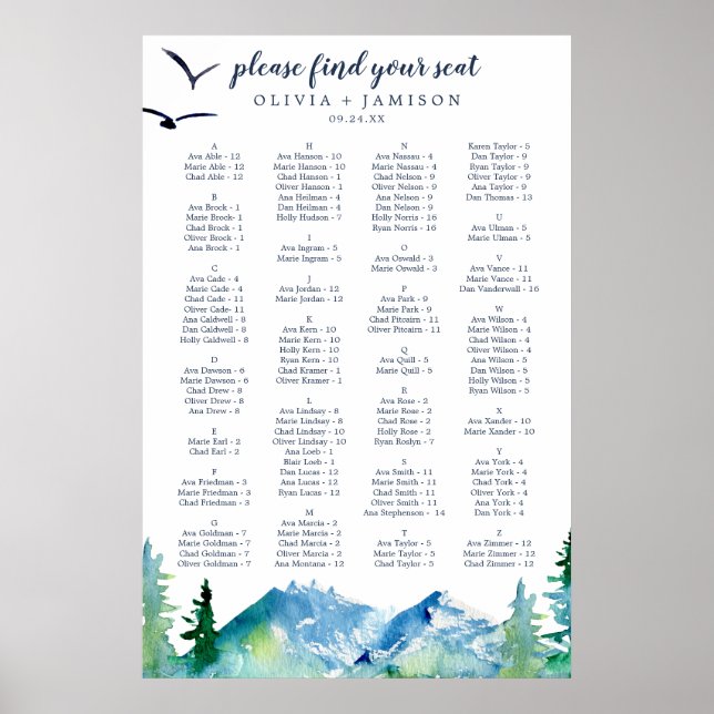 Póster Gráfico de asientos alfabéticos de montaña roca (Frente)