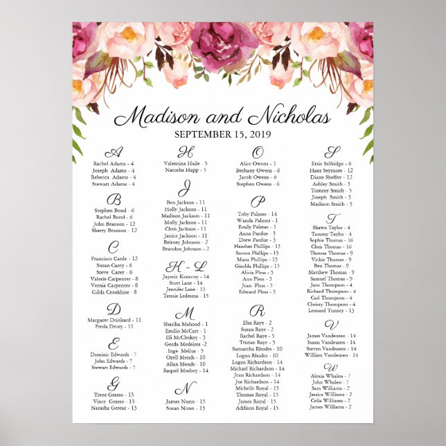 Póster Gráfico de asientos alfabéticos florales rusticos  (Frente)