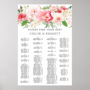Póster Gráfico de asientos alfabéticos florales rusticos 
