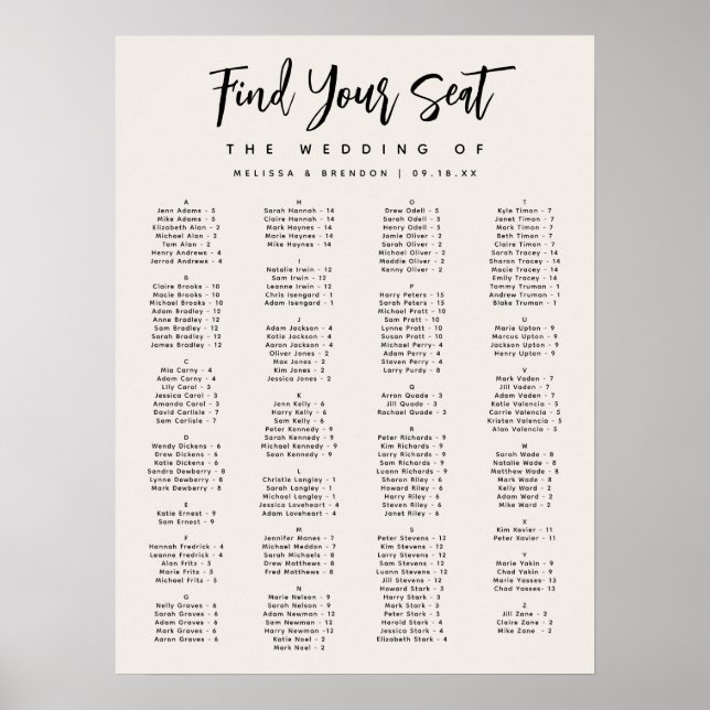 Póster Gráfico de asientos alfabéticos fuera de blanco (Frente)