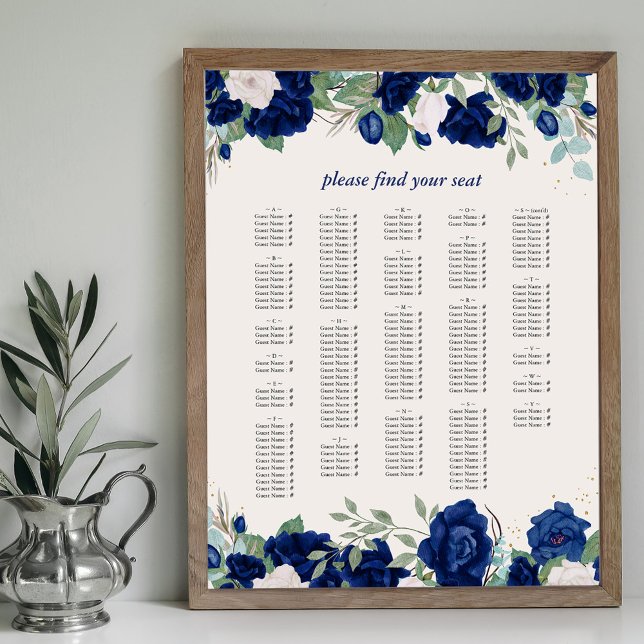 Póster Gráfico de Asientos Alfabeticos Rosas Azul Real (Alphabetical Seating Chart with royal navy blue rose borders Available printed or printable download)