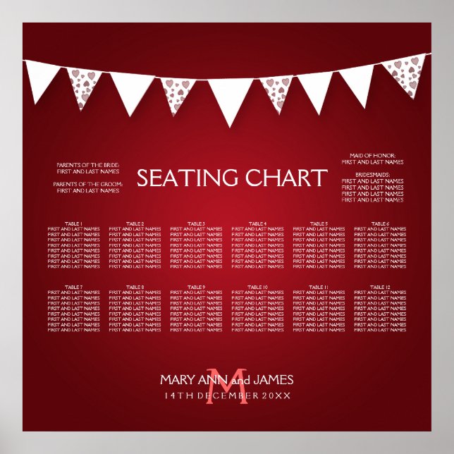 Póster Gráfico de asientos boda Amo Bunting Monograma Roj (Frente)
