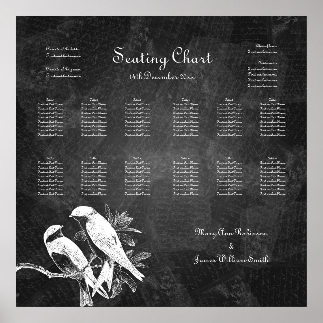 Póster Gráfico de asientos boda Aves de amor Negro (Frente)