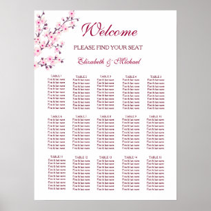 Póster Gráfico de asientos Boda blanco rosado con flores 