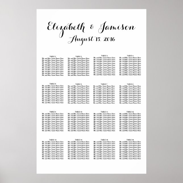 Póster Gráfico de asientos Boda de caligrafía con letras  (Frente)