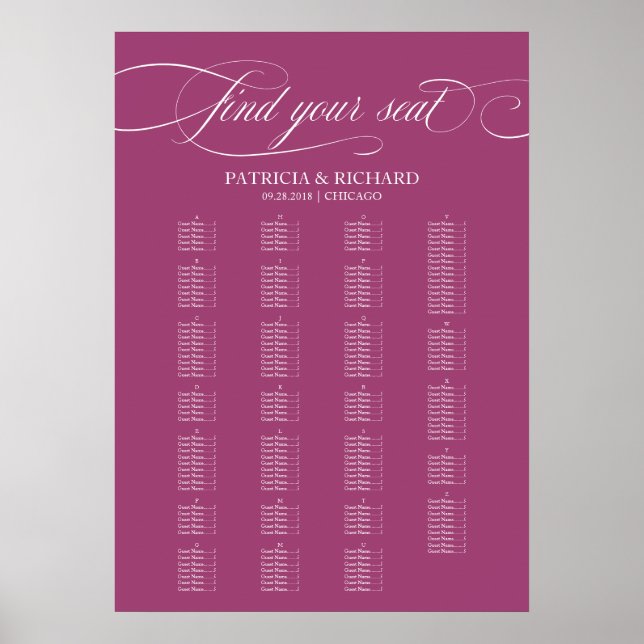 Póster Gráfico de asientos Boda de Cassis Elegante Alfabé (Frente)