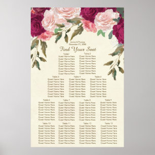 Póster gráfico de asientos boda de color rosa burdeos