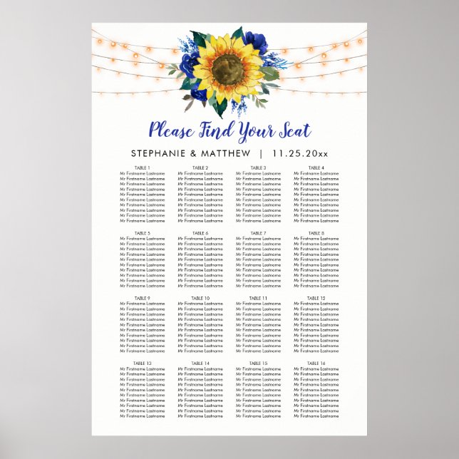 Póster Gráfico de asientos Boda de girasol Floral azul (Frente)