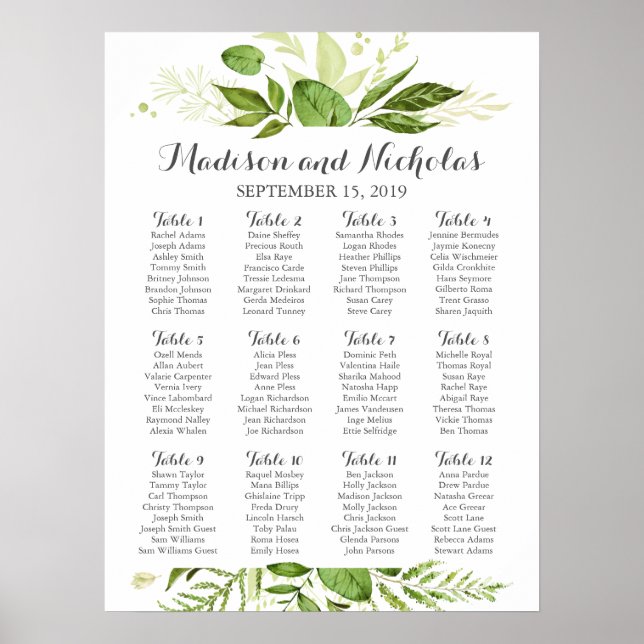 Póster Gráfico de asientos Boda de hojas verdes, vegetaci (Frente)