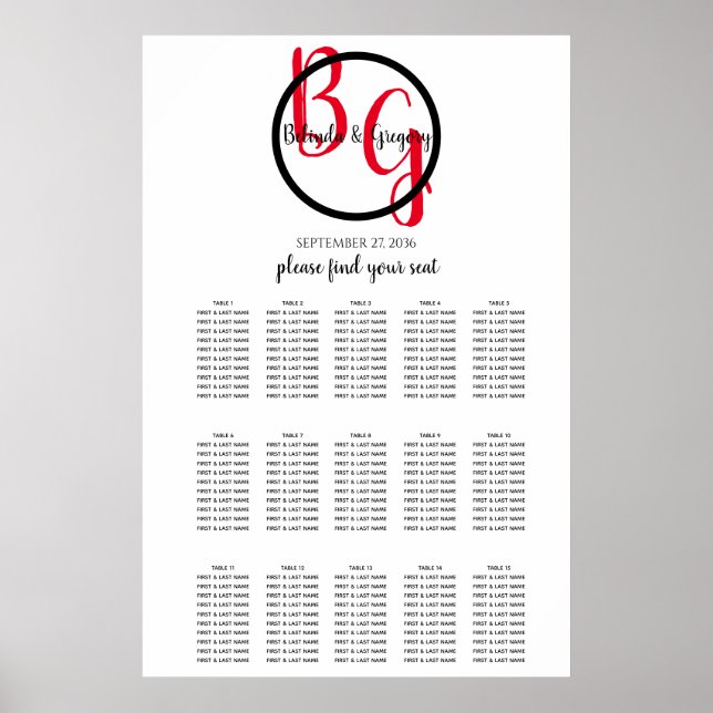 Póster Gráfico de asientos Boda de Iniciales Personalizad (Frente)