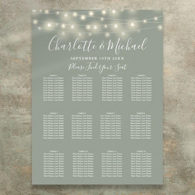 Póster Gráfico de asientos Boda de luces de cadena verde  (Sage Green String Lights Wedding Seating Chart)