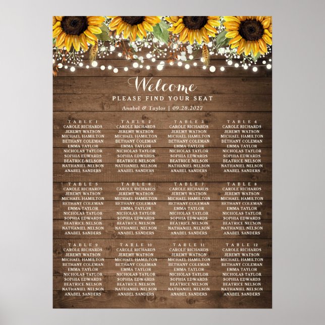 Póster Gráfico de asientos Boda de luces de girasol de ma (Frente)