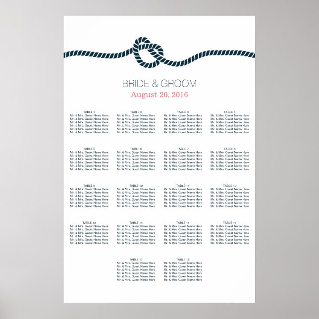 Póster Gráfico de asientos Boda de Navy Blue Knot 18 Tabl (Frente)