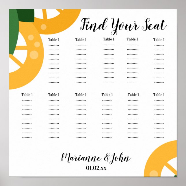 Póster Gráfico de asientos Boda de rebanadas de limón neg (Frente)