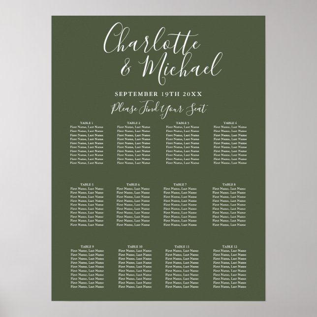 Póster Gráfico de asientos Boda Elegante de Oliva (Frente)
