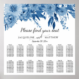Póster Gráfico de asientos Boda floral de color azul blan