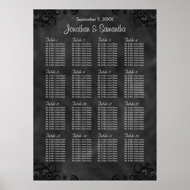 Póster Gráfico de asientos Boda Hibiscus Black 16 Tablas (Frente)