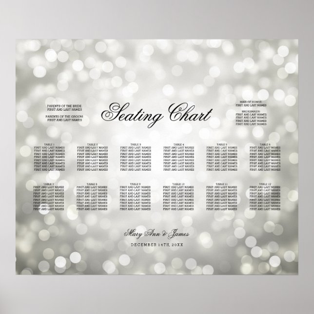 Póster Gráfico de asientos boda Luces Purpurinas plateada (Frente)