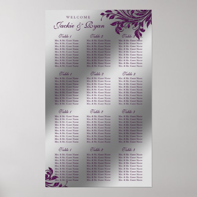 Póster Gráfico de asientos boda Plata Hojas púrpuras espa (Frente)