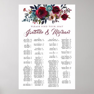 Póster Gráfico de asientos Bodas alfabéticos florales de 