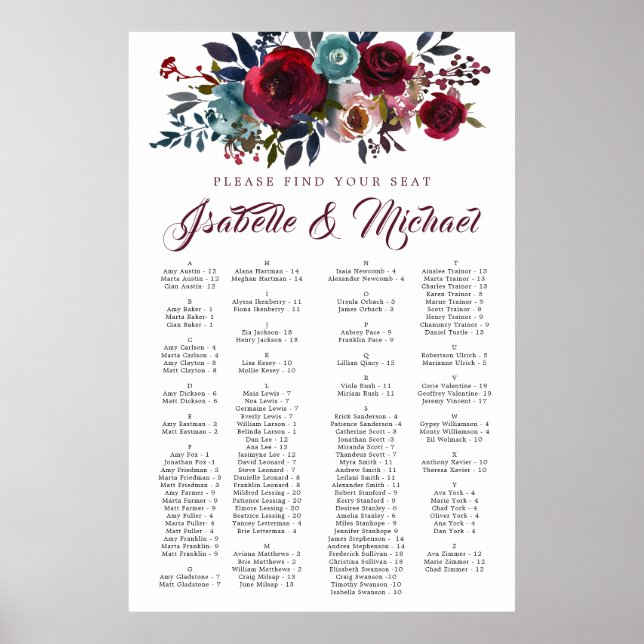 Póster Gráfico de asientos Bodas alfabéticos florales de  (Frente)