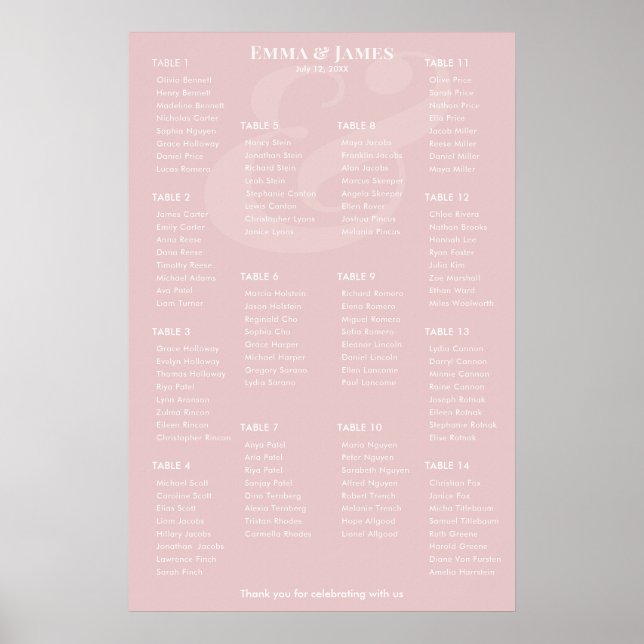 Póster Gráfico de Asientos Bodas Ampersand REVERSE Blush  (Frente)