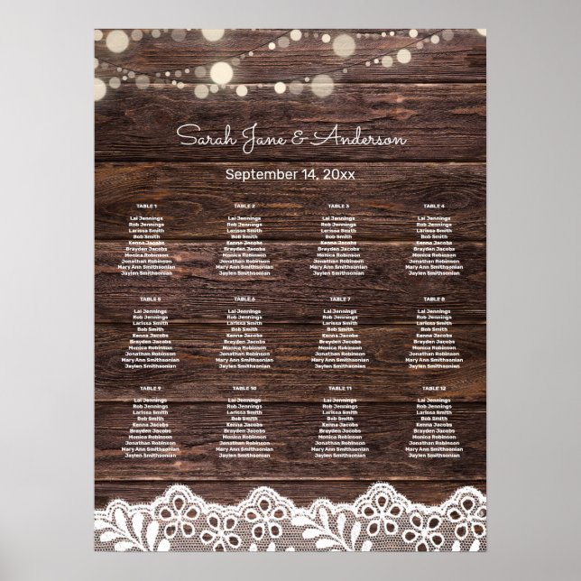 Póster Gráfico de asientos Bodas de madera, encaje, luces (Frente)