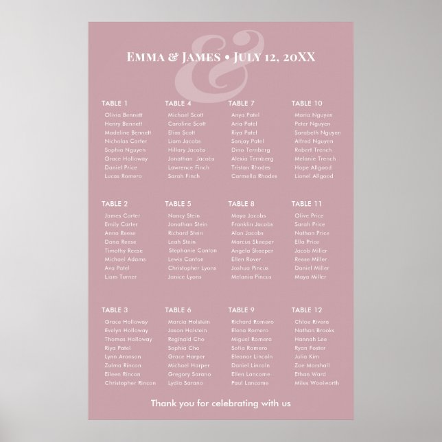 Póster Gráfico de Asientos Bodas Mauve REVERSE Ampersand  (Frente)